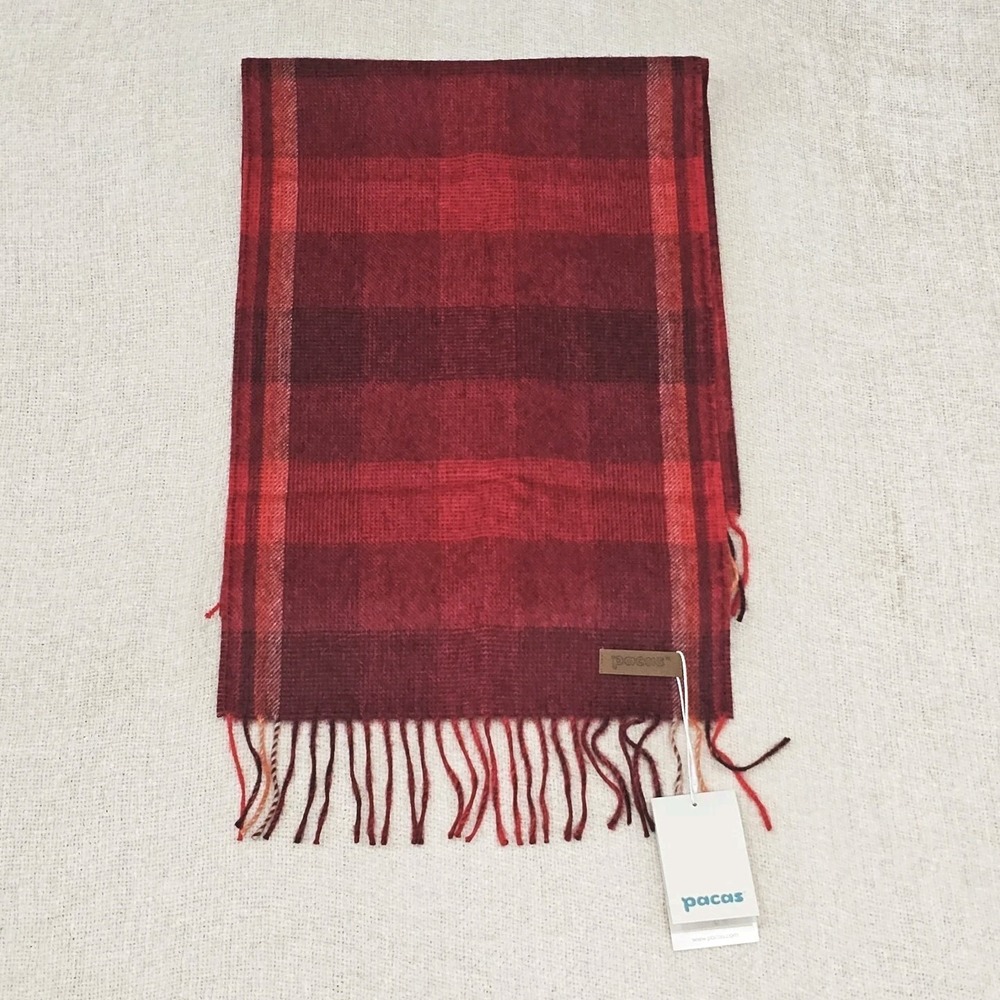 NWT Pacas Red Plaid Brushed Scarf 100% Baby Alpaca Wool w Cashmere Feel $90 MSRP